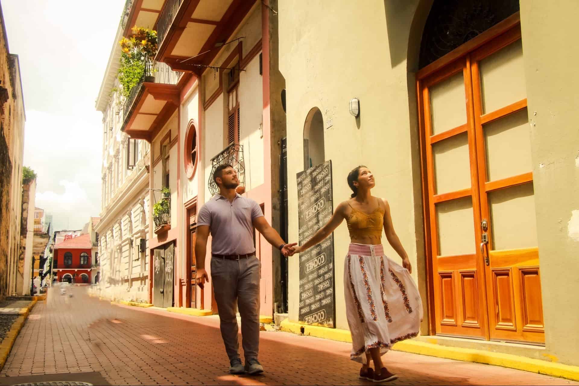 couple strolling the charming streets of casco antiguo in panama city