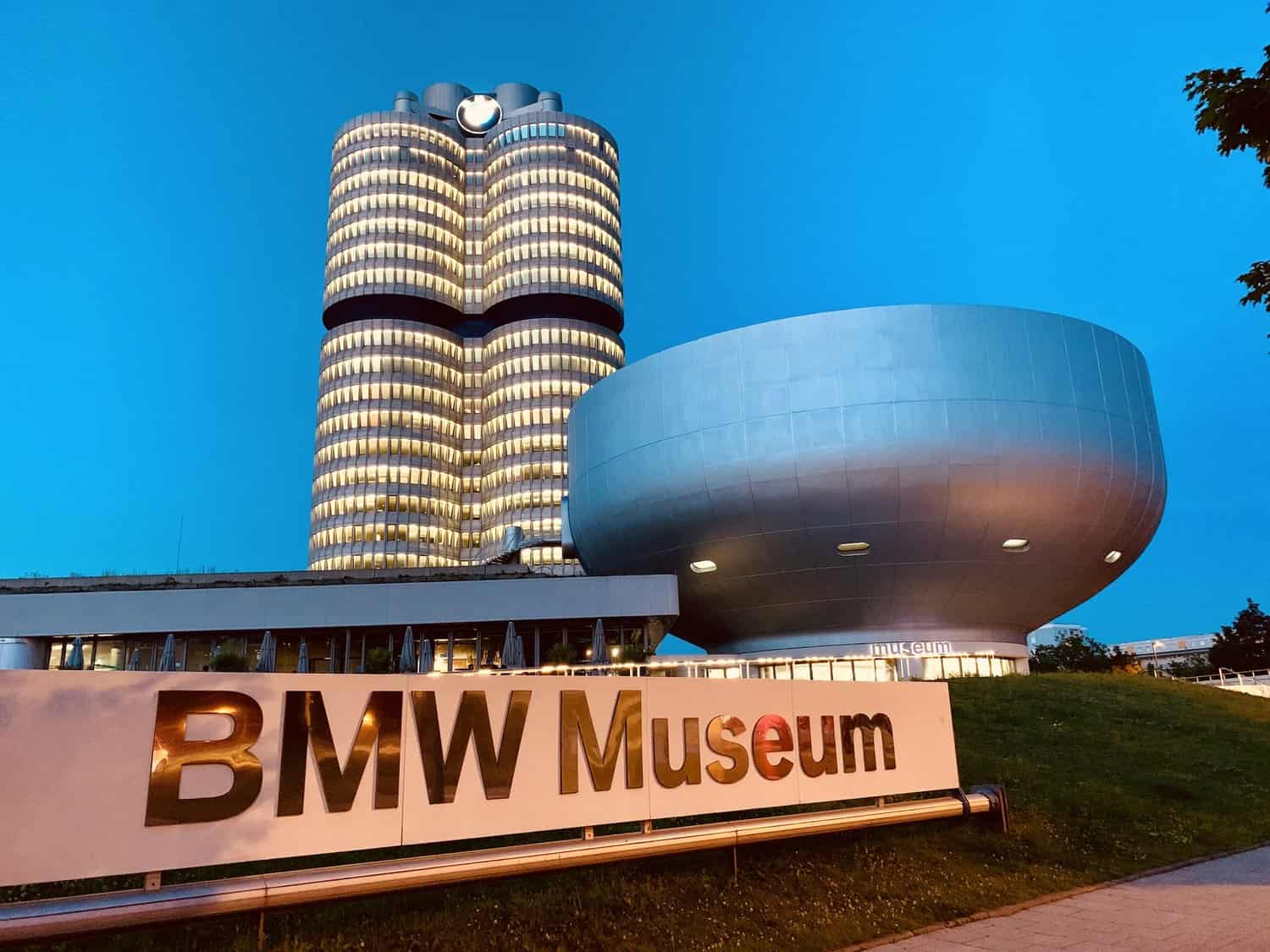 BMW Museum sign at dusk