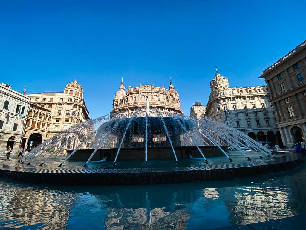 Fountains on at the Piazza De Ferrari in Genoa Italy