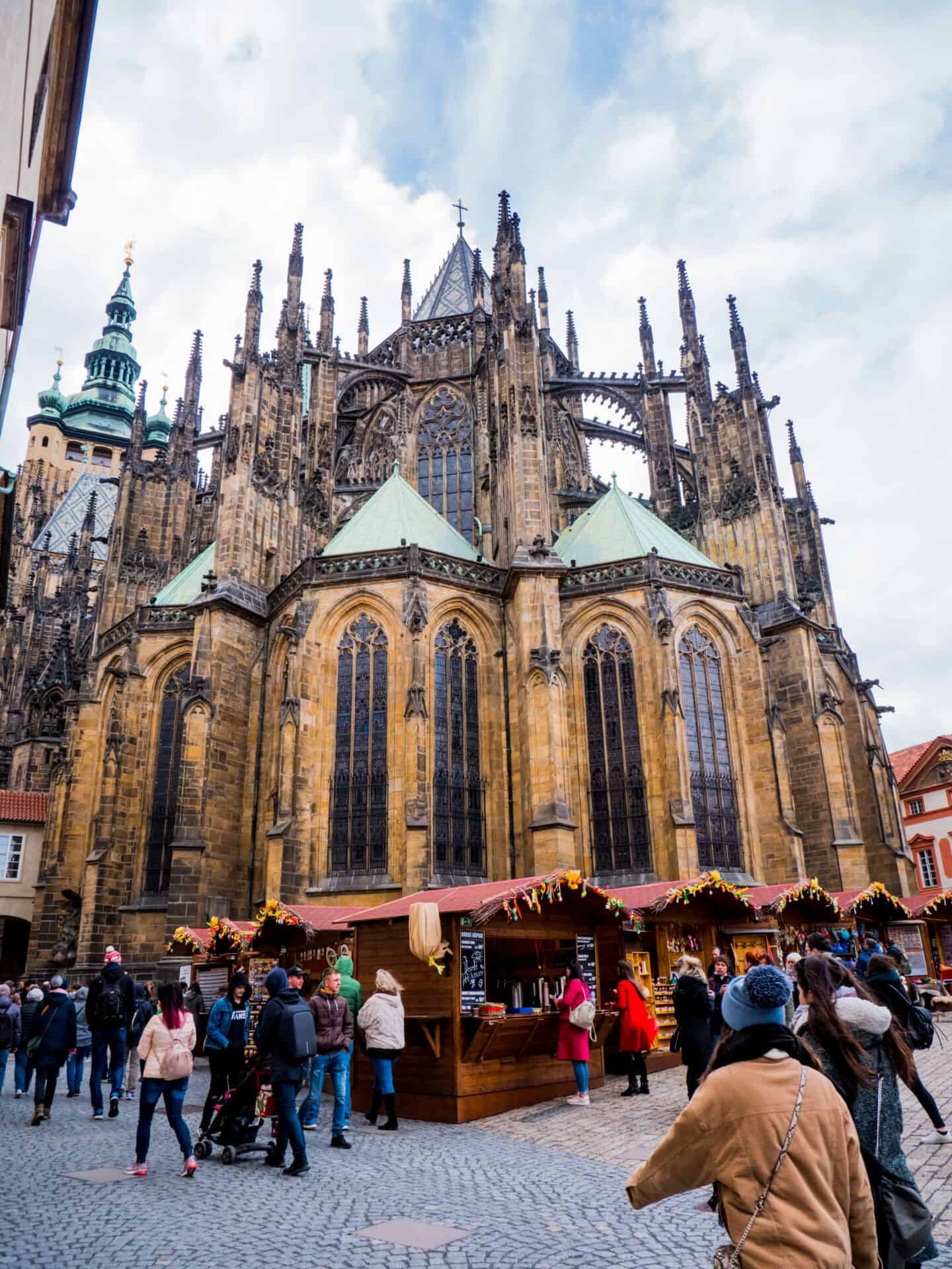 Stunning Medieval Prague Castle in winter with food stands below