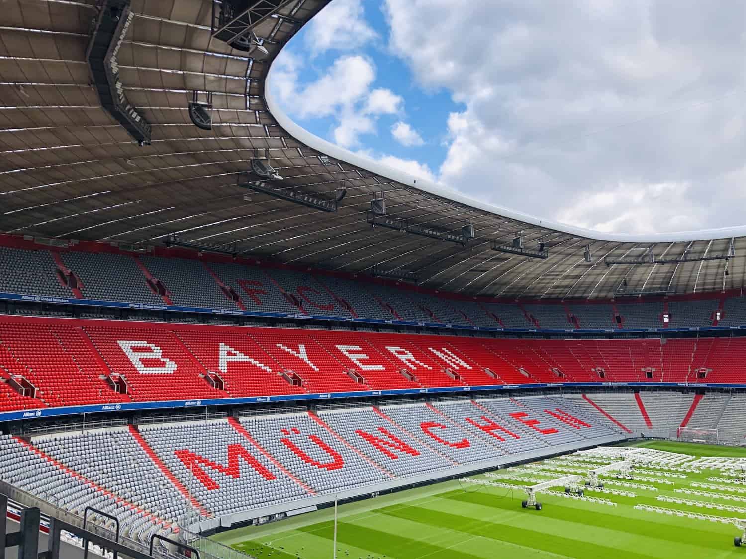 Soccer stadium with Bayern Munchen written on the seats