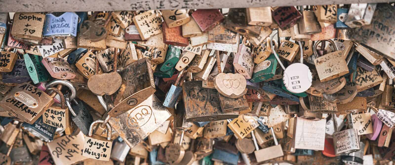 locks attached to the lock bridge in paris