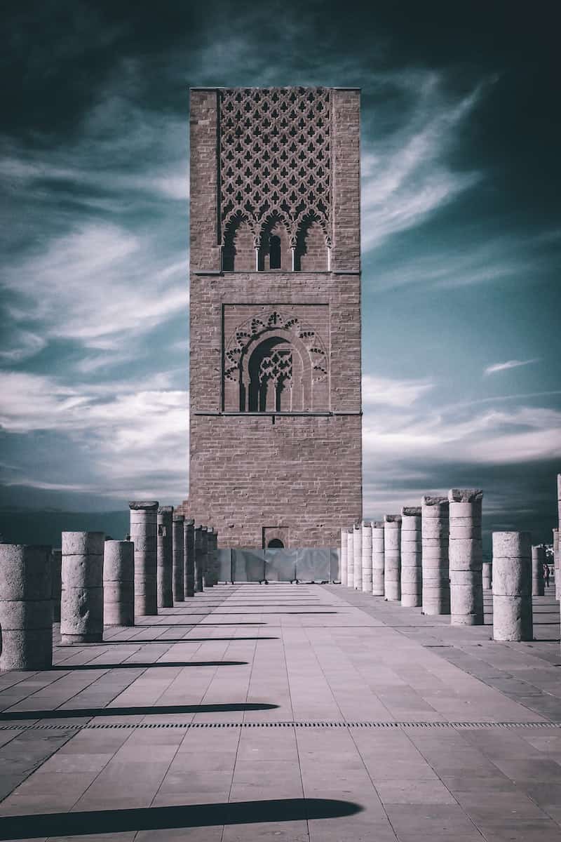 Tall Hassan Tower in Rabat Morocco on a cloudy day