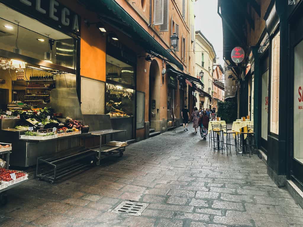 Street of shops in Quadrilatero Bologna