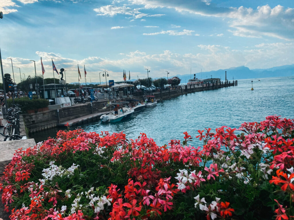 bed of pink and white flowers on a bridge by Lake Garda