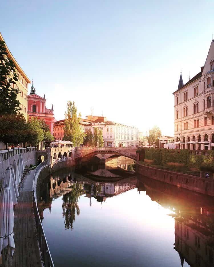 river and bridge in Ljubljana during spring