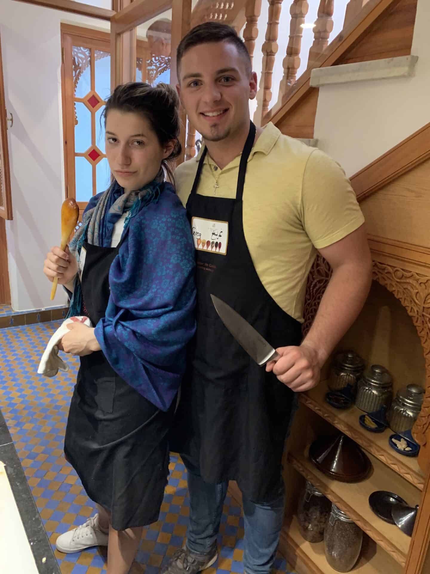 husband and wife in a moroccan cooking class