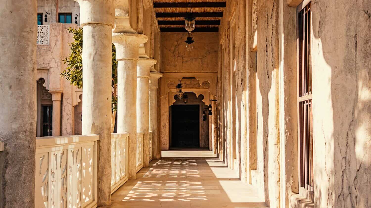 Sandstone pillars and buildings in Old Dubai