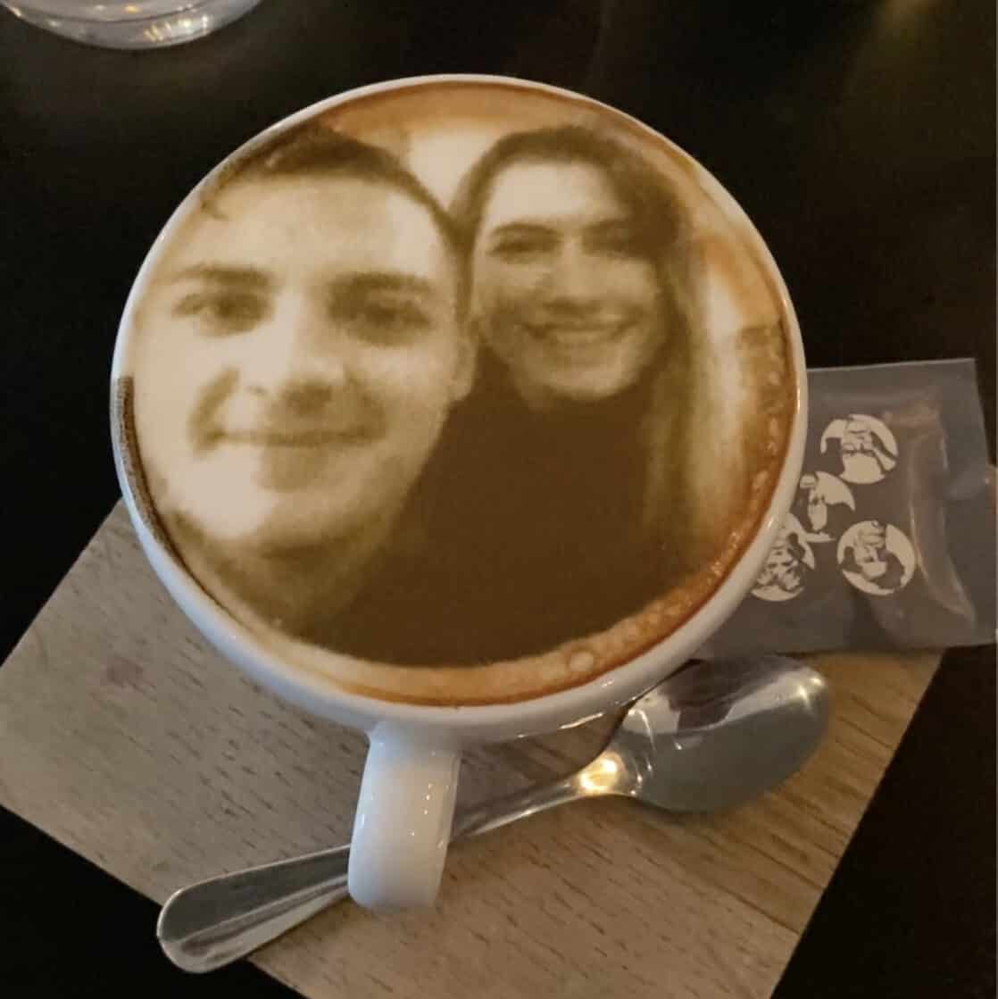 selfie of romantic couple printed onto a cappuccino