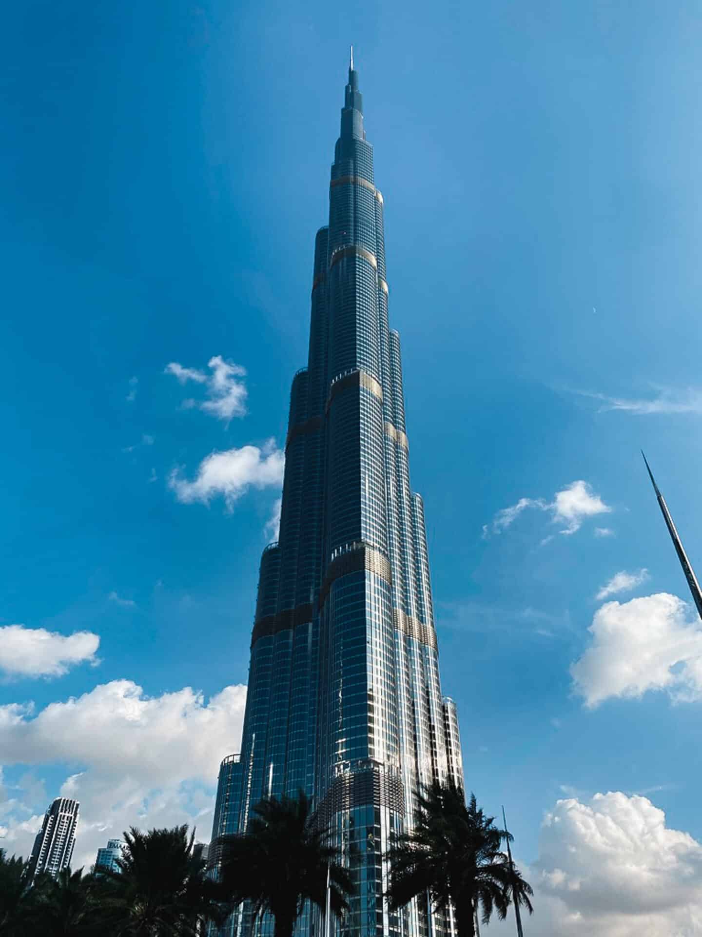 Entire Burj Khalifa against a blue sky in Dubai