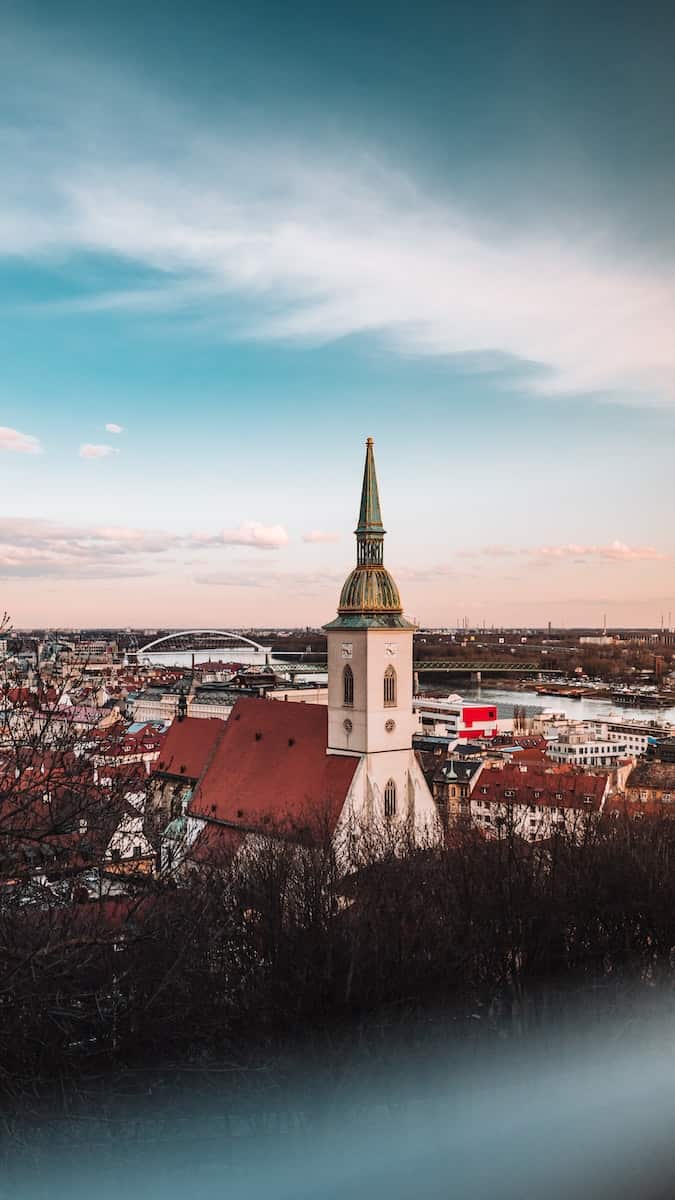 aerial view of white and terracotta st martins cathedral in bratislava