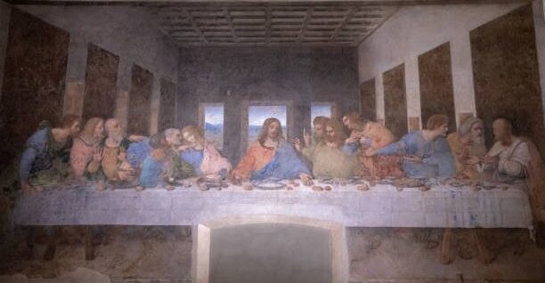 Interior of refectory of the convent Santa Maria delle grazie (Holy Mary of Grace), on wall mural of The Last Supper by Leonardo da Vinci