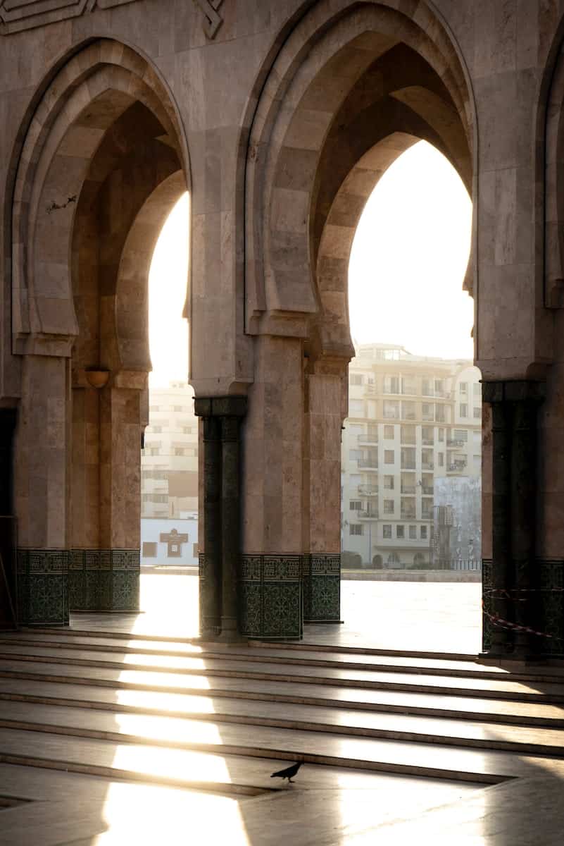 Interior emerald green stone archway of Casablanca Grand Mosque