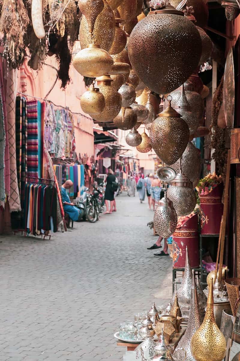 assorted goods display in Marrakech souk