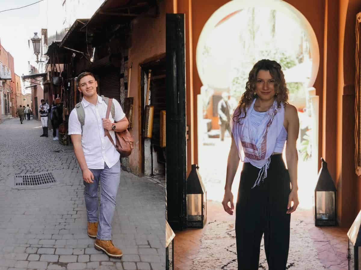 man in white shirt and jeans and woman in white scarf in morocco