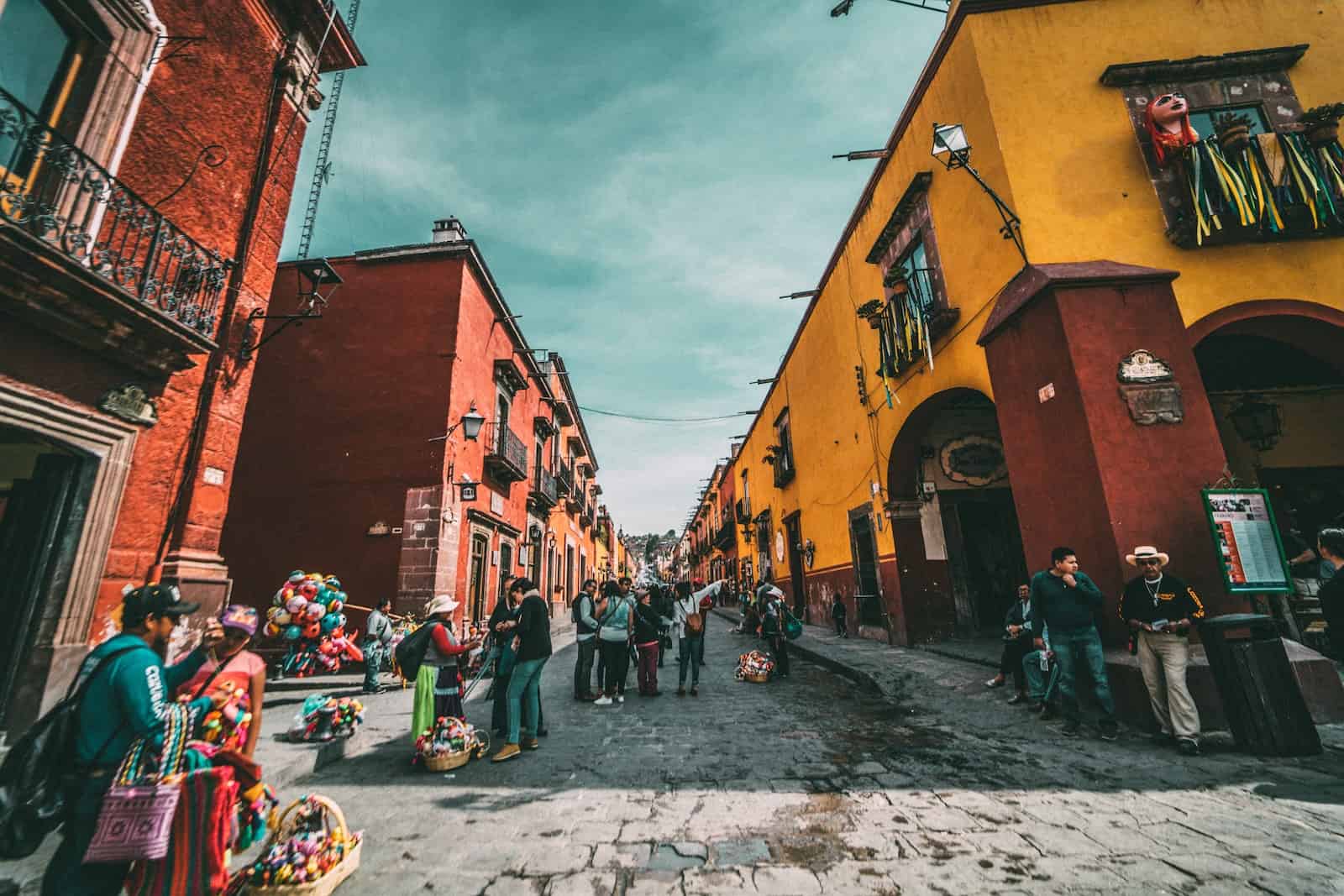 colorful red and yellow buildings in puebla mexico