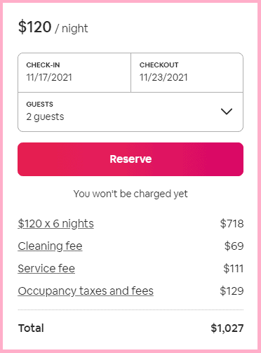 Screenshot of prices on Airbnb app