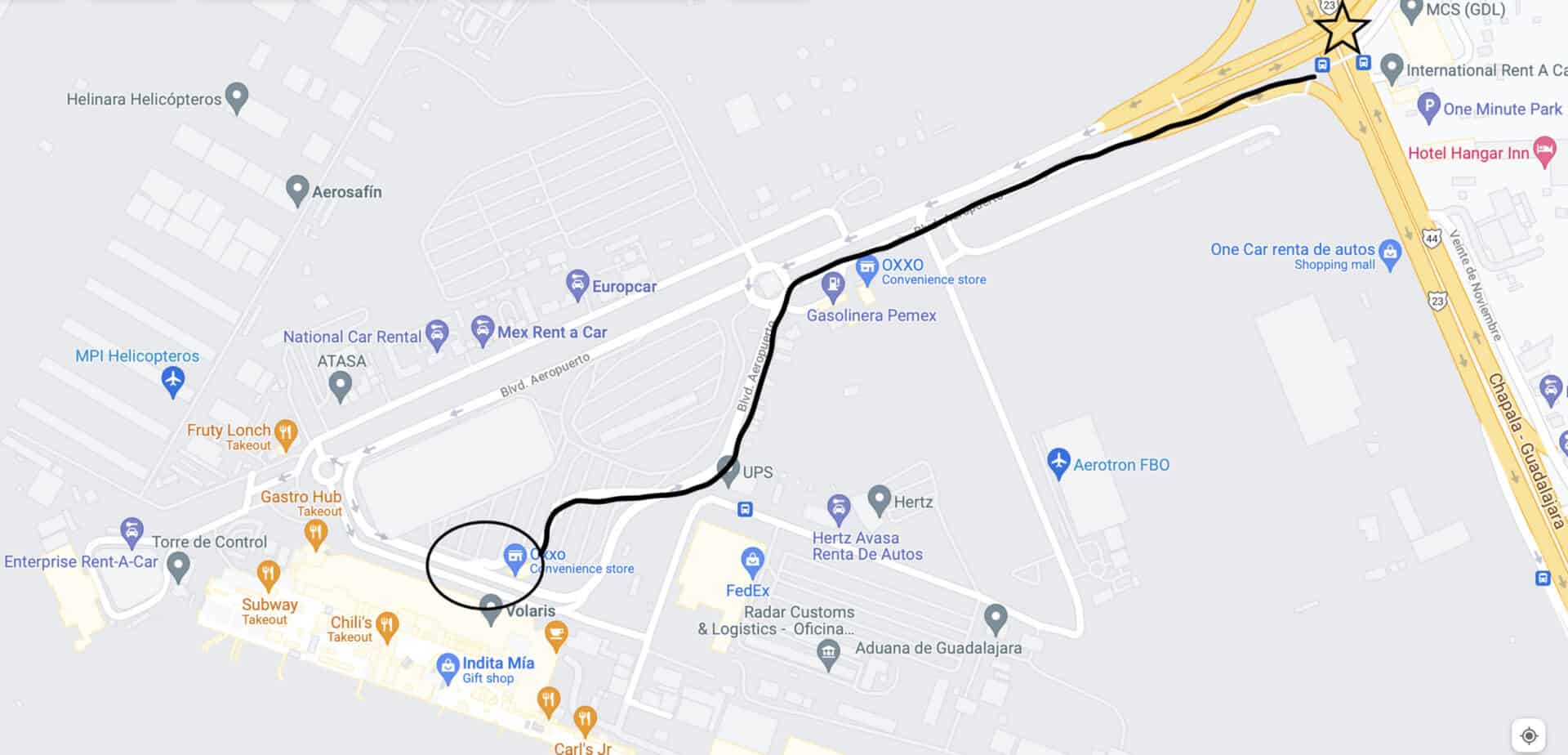 Map detailing how to get from the Guadalajara Airport to the bus station to get to the city