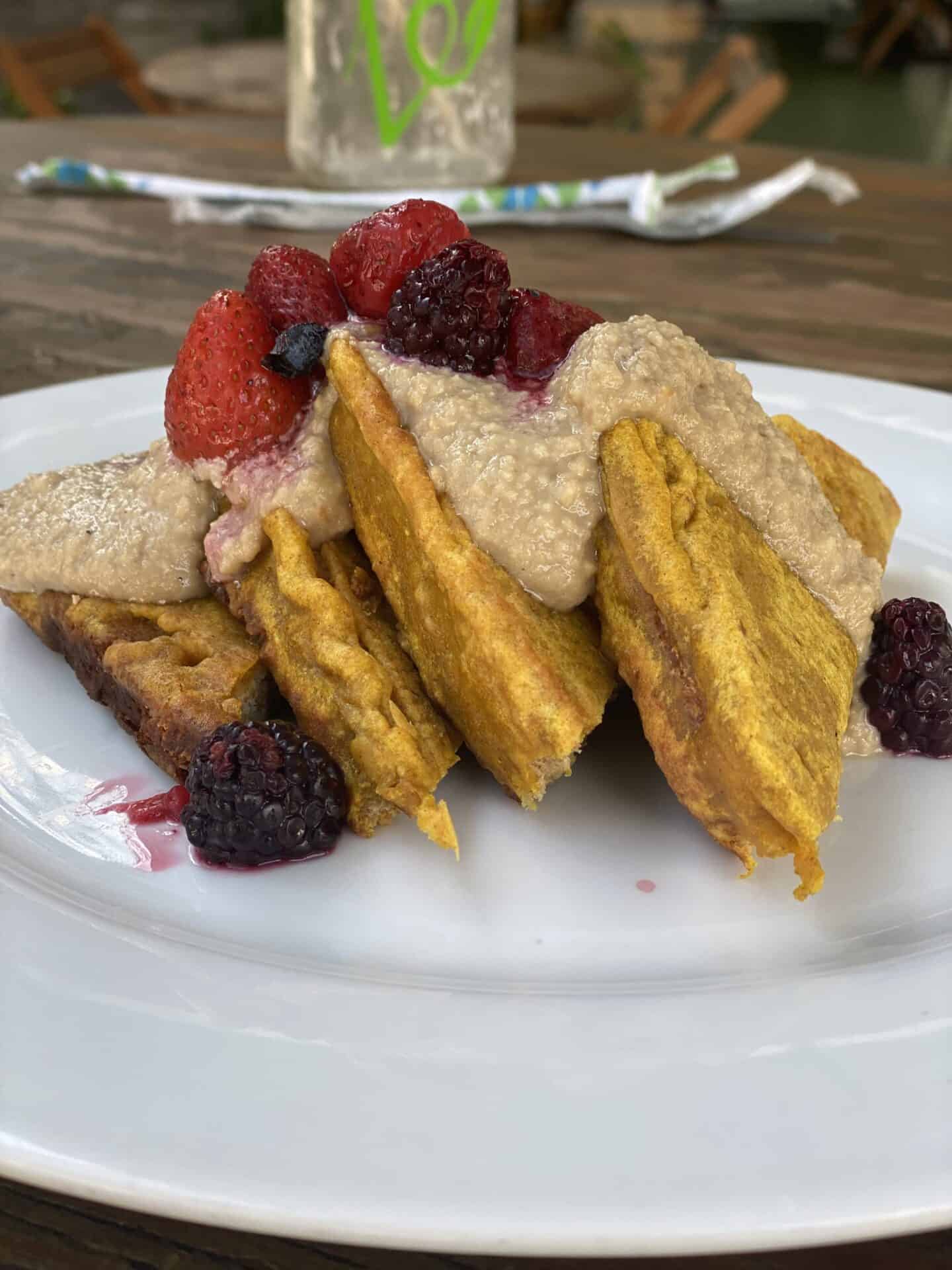 French toast covered in berries at Verde Vegan in Acapulco