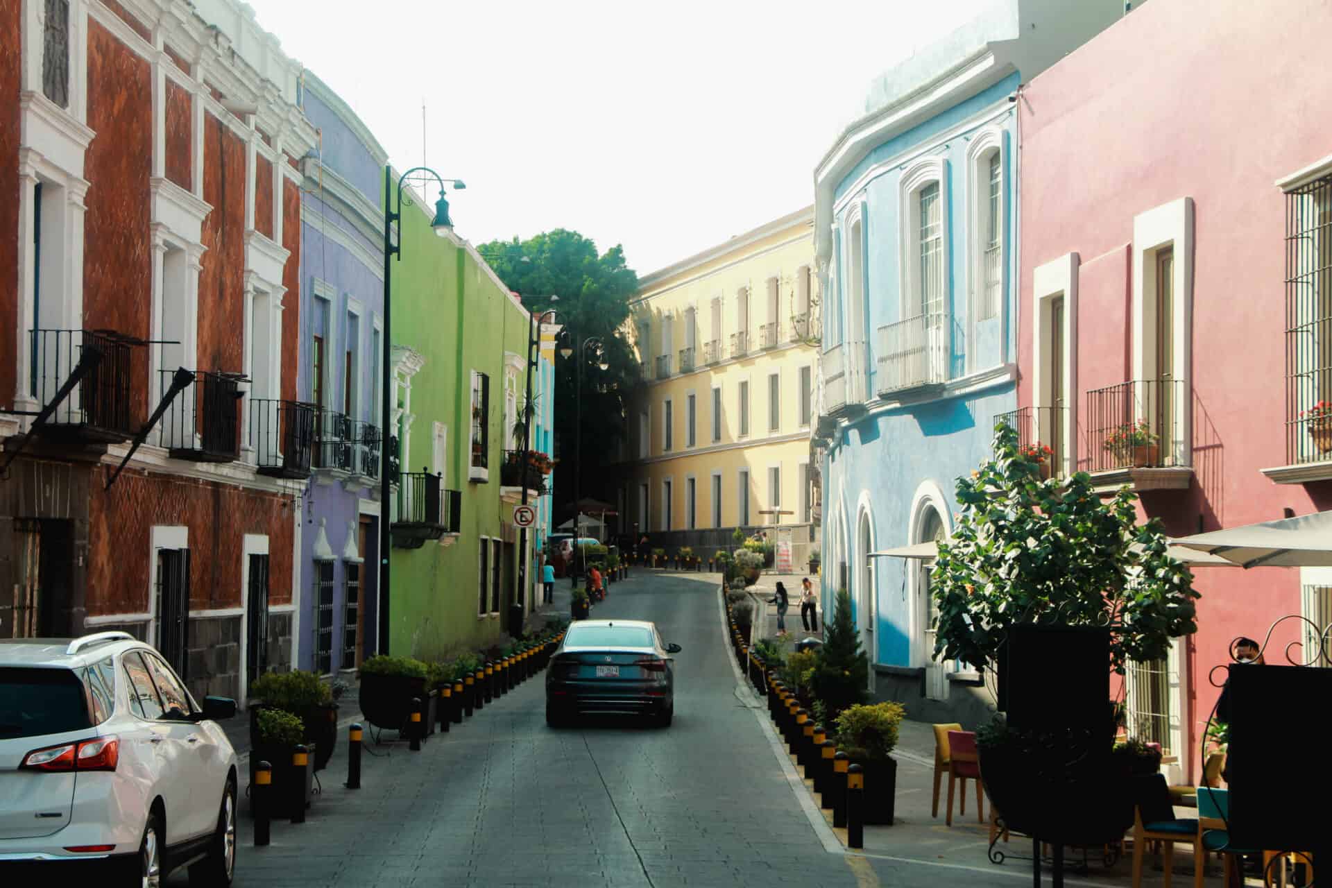 colorful colonial buildings on road in puebla mexico