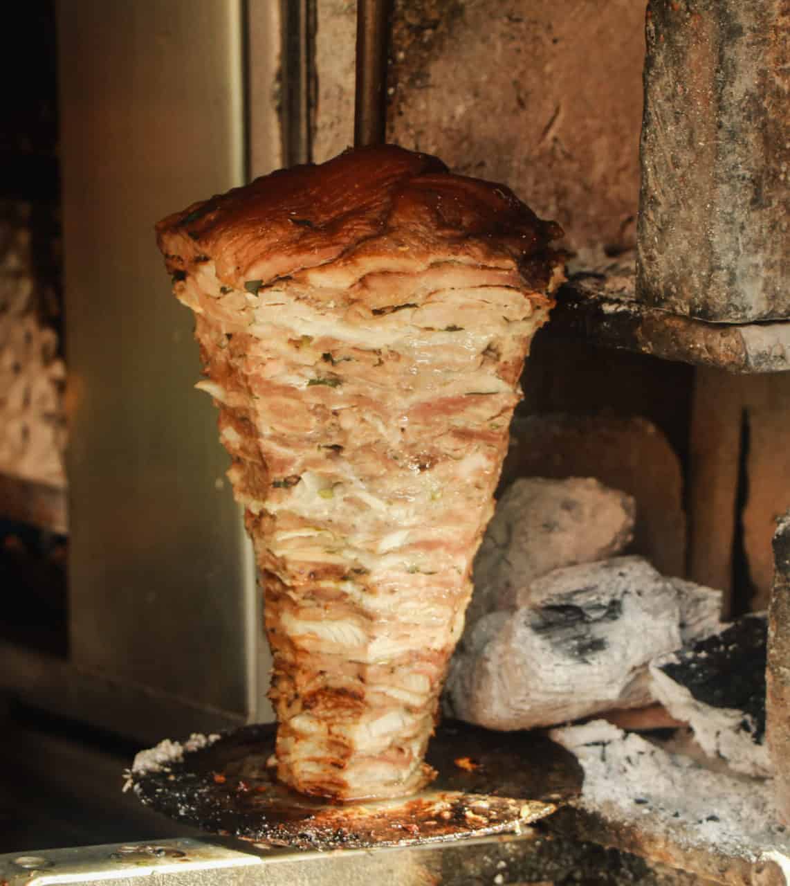 Local Carne Arabe on a skewer at a small restaurant in Puebla