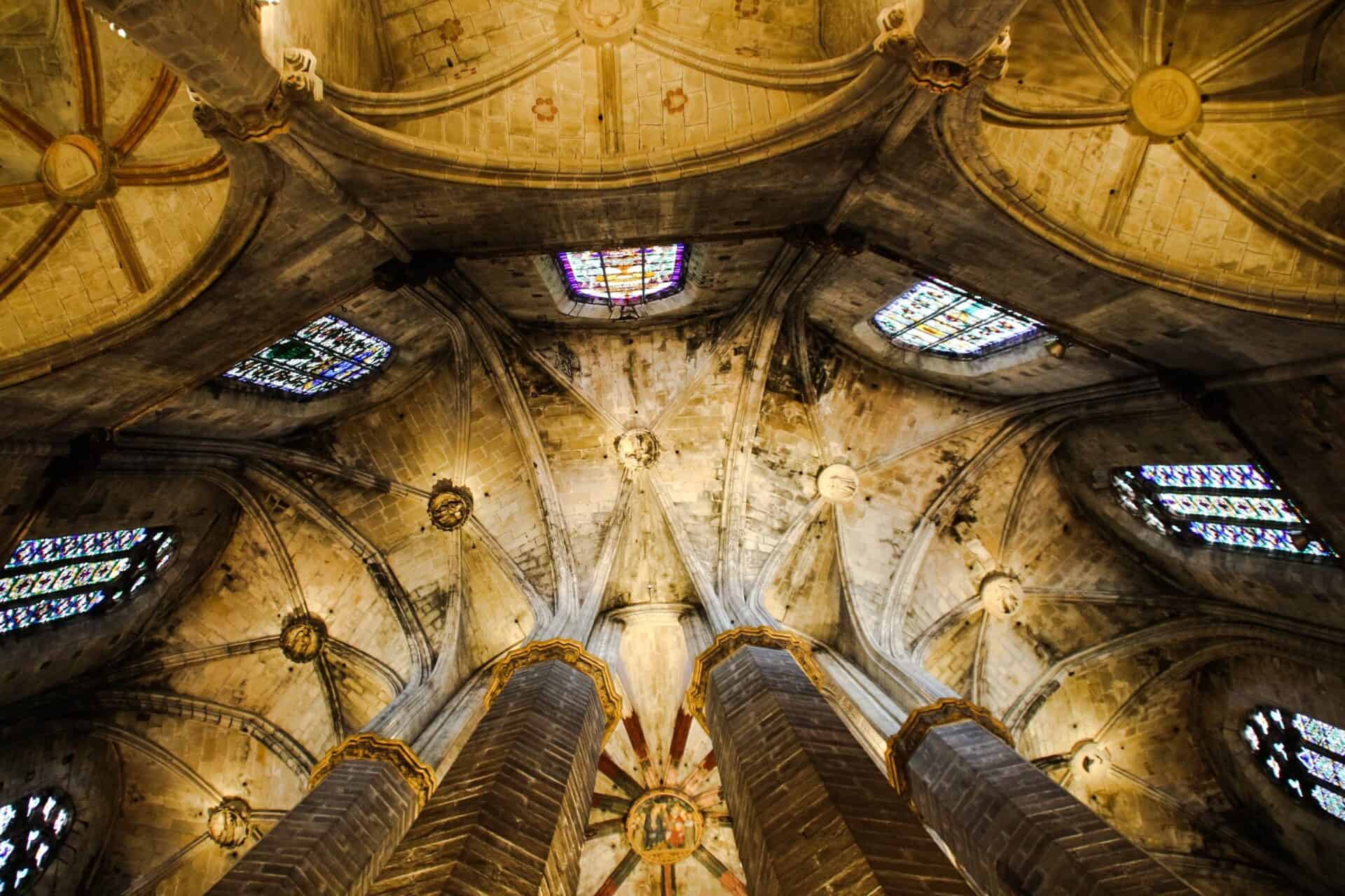 Interior ceiling of Santa Maria del Mar Basilica in Barcelona