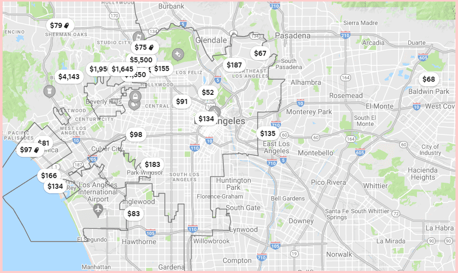 Screenshot of map with prices on Airbnb App