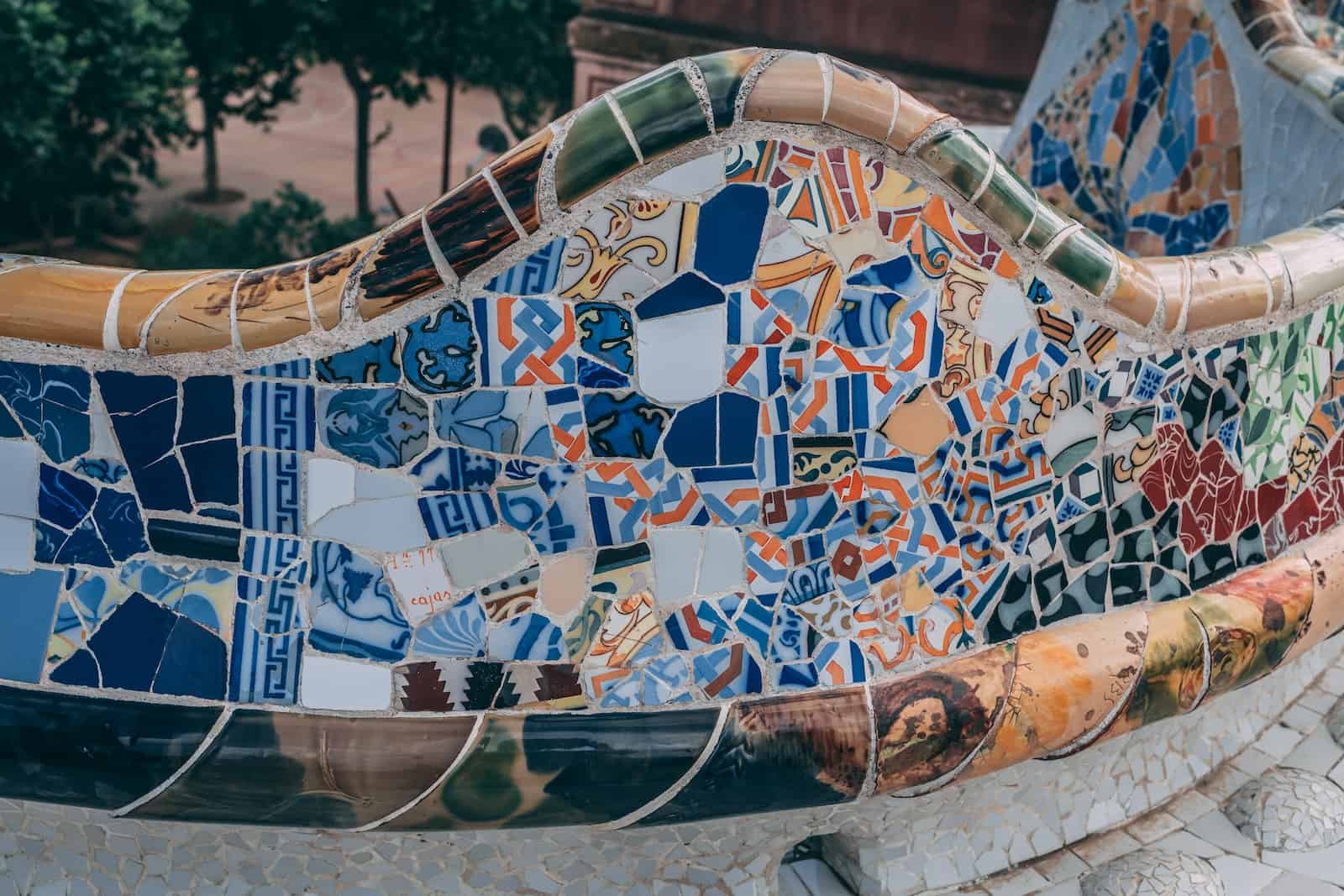 blue mosaic wall at Park Guell in Barcelona