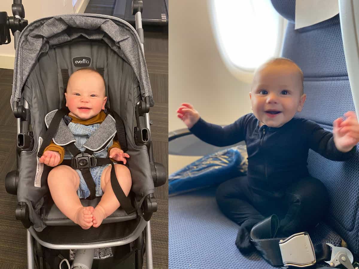 one baby in a stroller and one baby sitting in an airplane seat