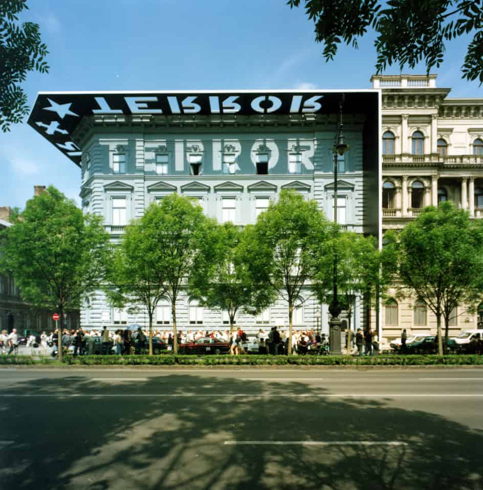 exterior of museum with the words terror plastered on the side