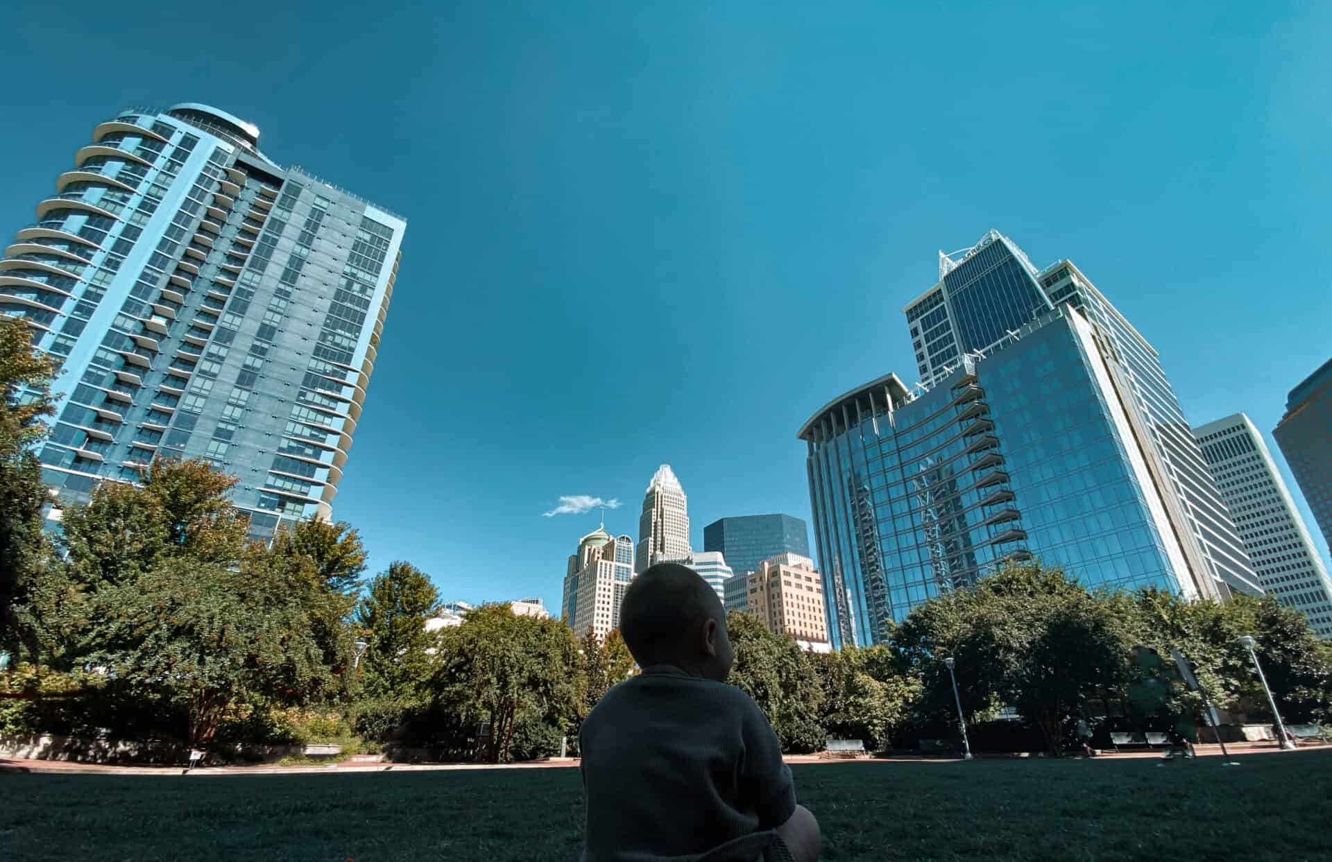 baby sitting in romare park looking at charlotte city skyline