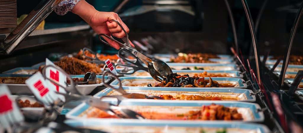 person using stainless steel fork to get food from long buffet