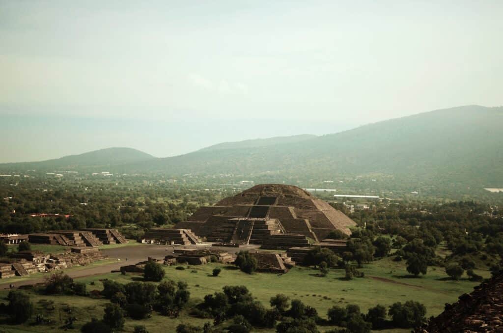 Drone shot of the pyramid of Teotihuacan in Mexico City