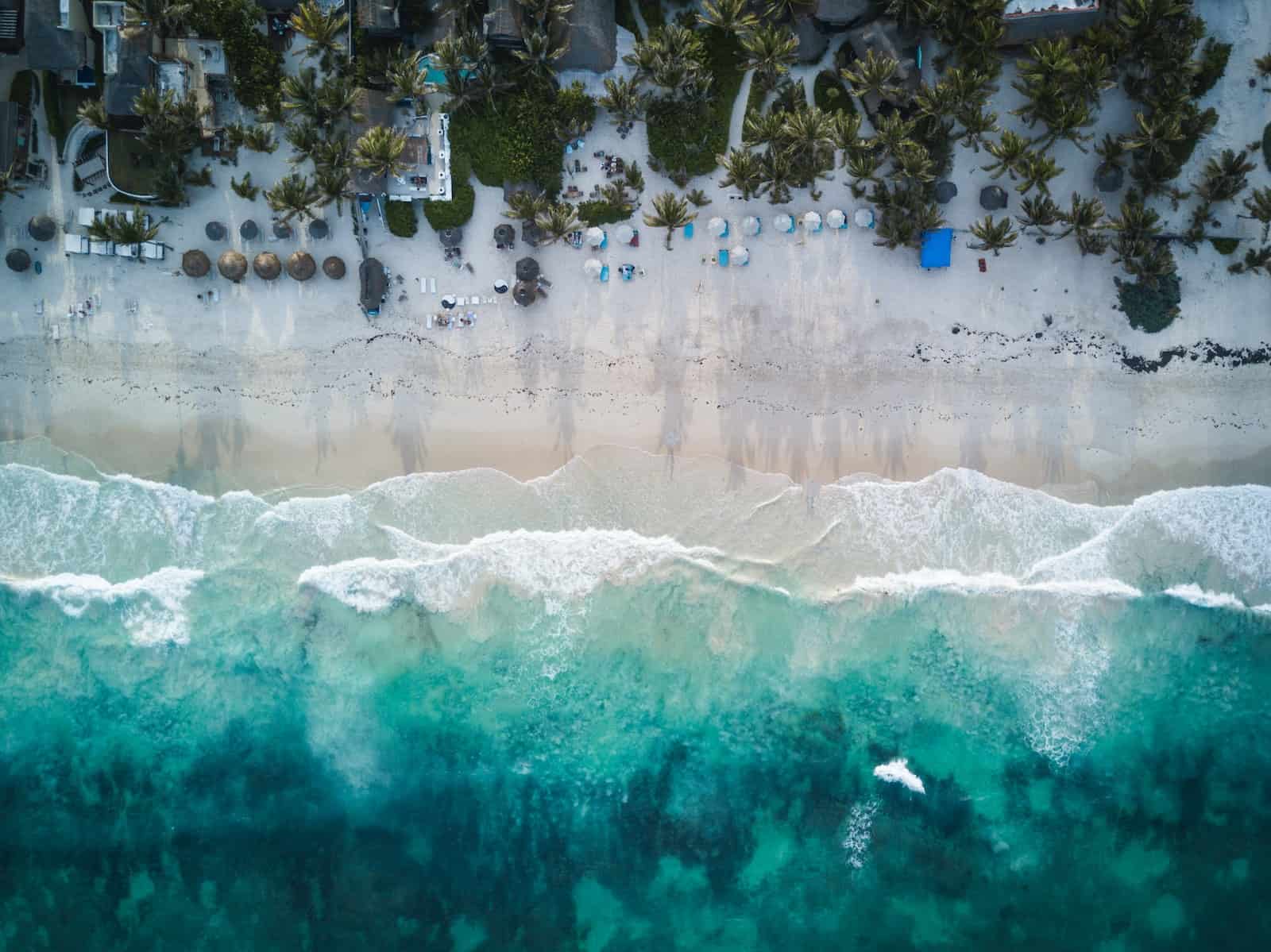 aerial photography of tulum beach shore with jungle and blue water during daytime