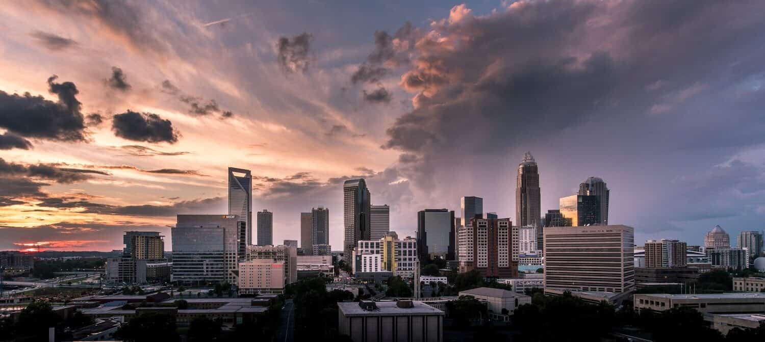 moody Durham skyline at sunset