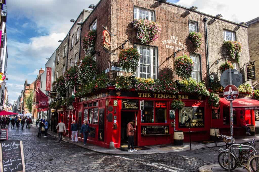 Red Walls of Temple Bar in Dublin on Fall Day