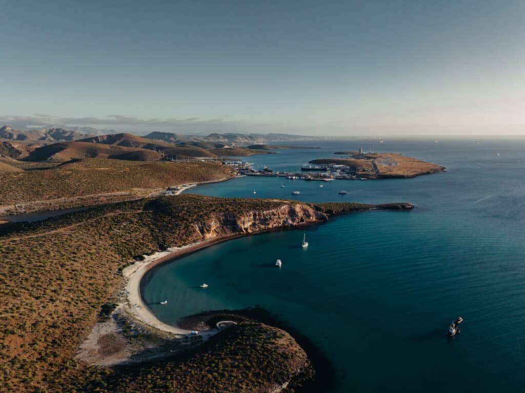 gorgeous drone shot of La Paz mexican town on the ocean