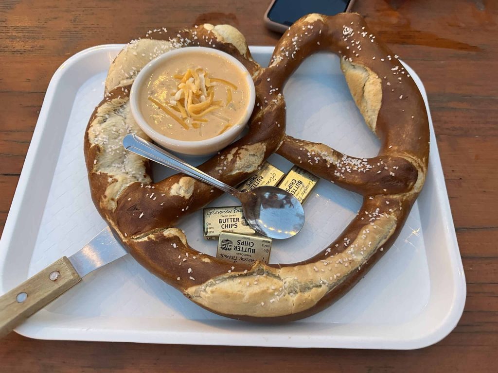 large german pretzel with beer cheese