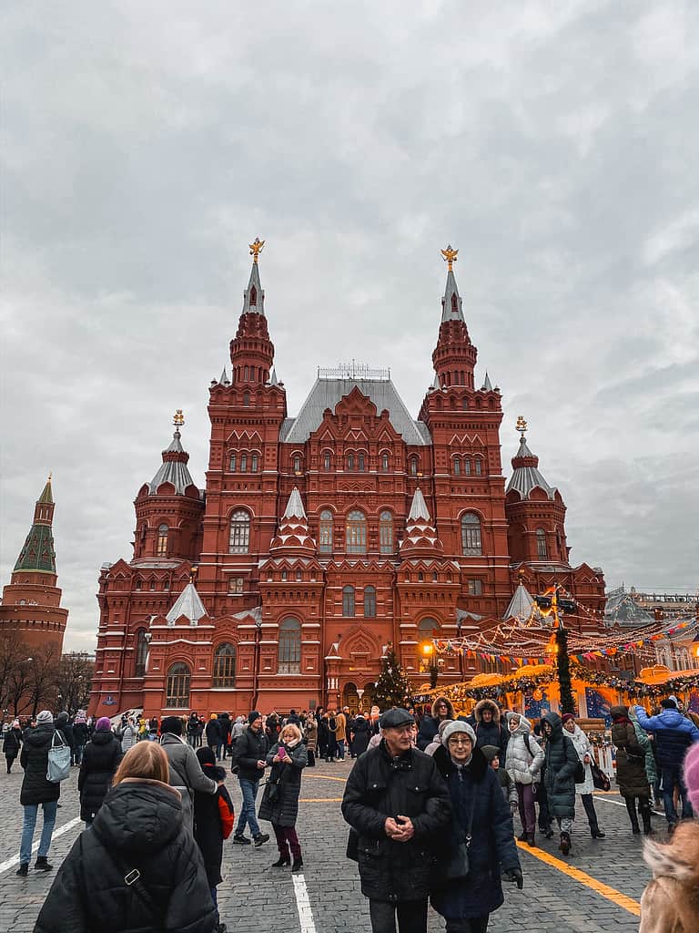 red orthodox church in moscow russia red square on a winter day