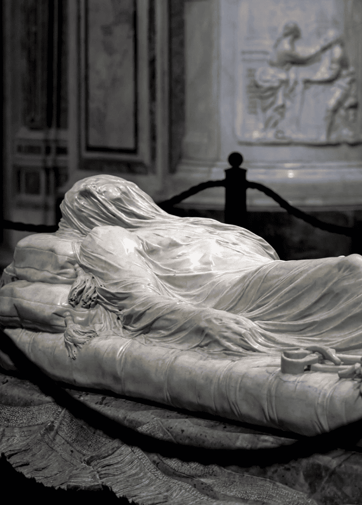 A black and white veiled marble statue