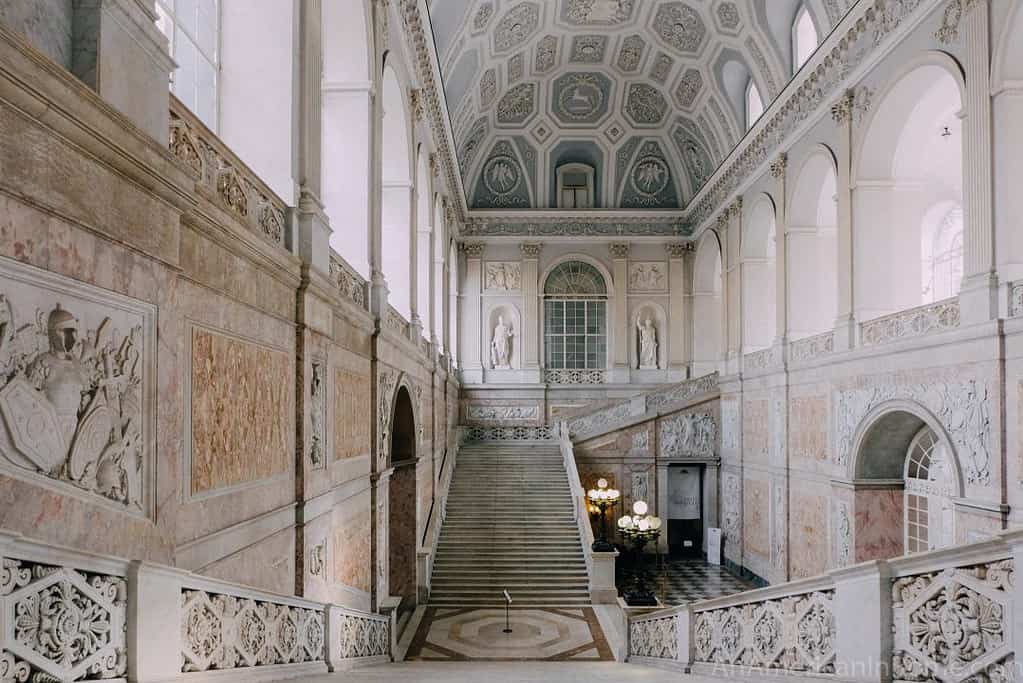 beautiful  white marble stairway in Italian museum 