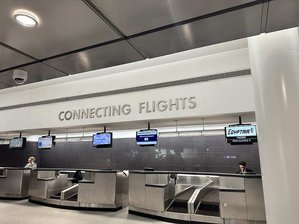 connecting flights baggage check-in desk in New York